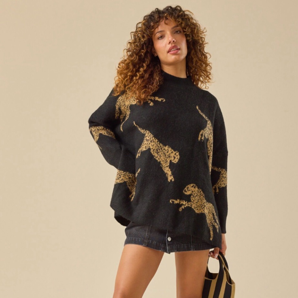 Altar'd State Black Sweater with Gold Leopard Motif